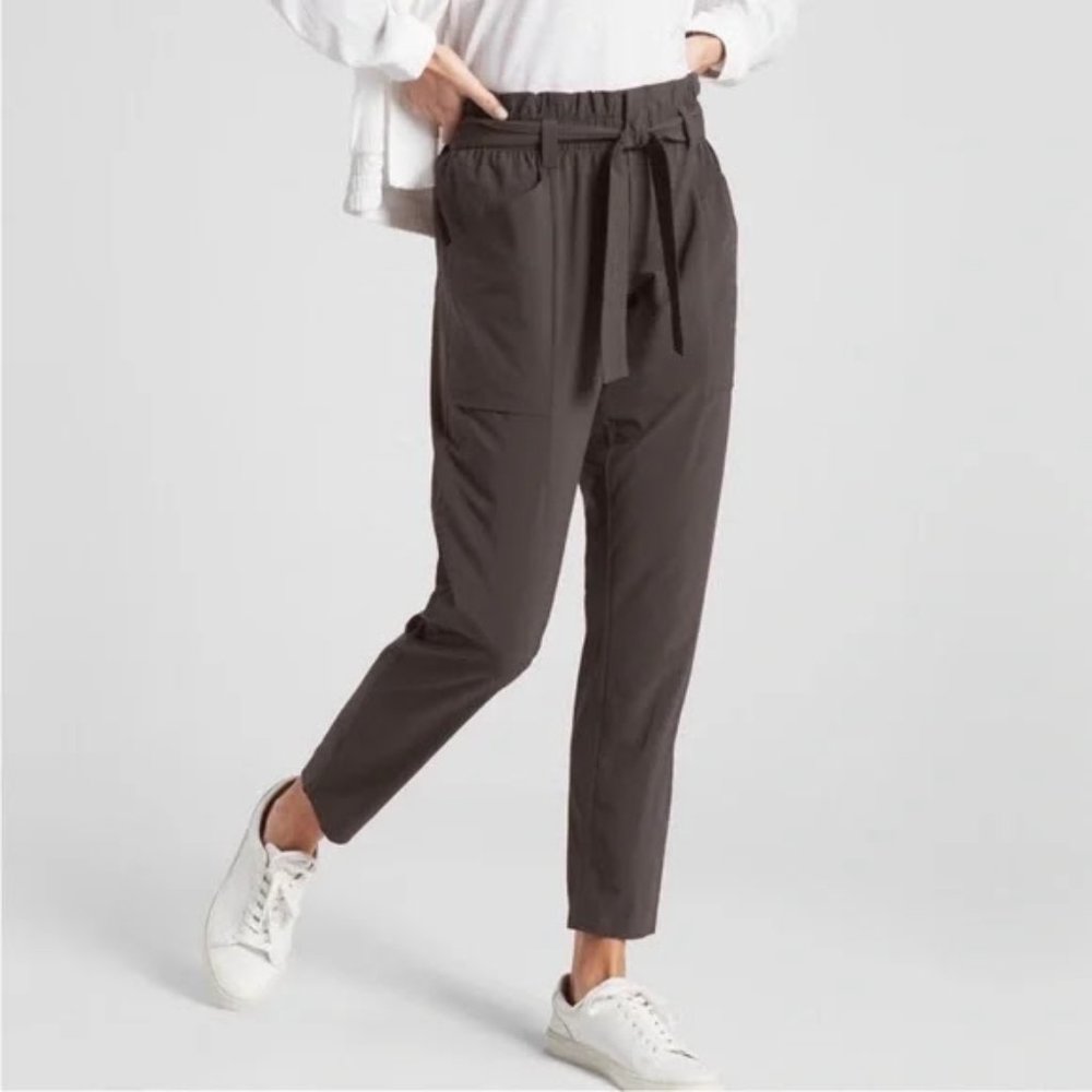 Athleta 'Skyline' Pants Paperbag Tie Waist Elastic Arbor Olive Green - 2